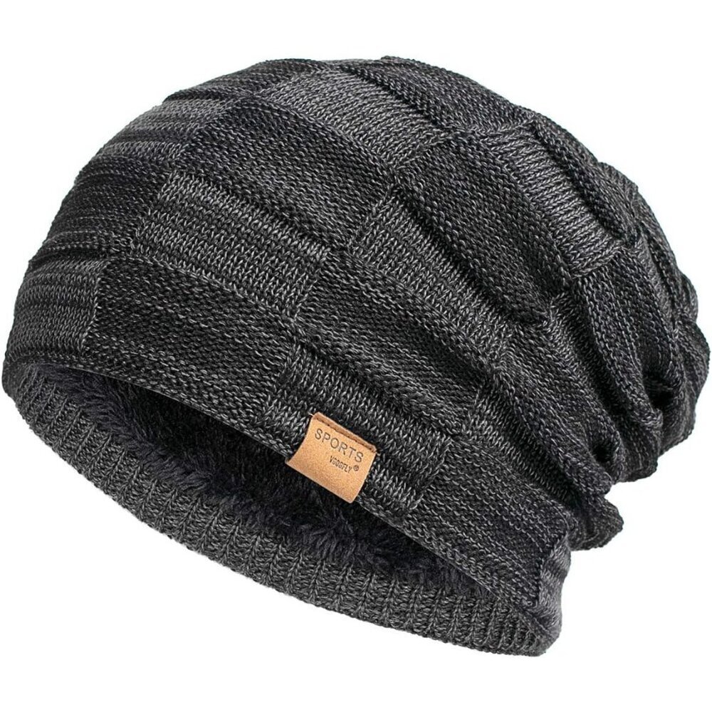 Men’s Black Winter Beanies Knit Hats Lined Thick Warm Stocking Cap for Guys